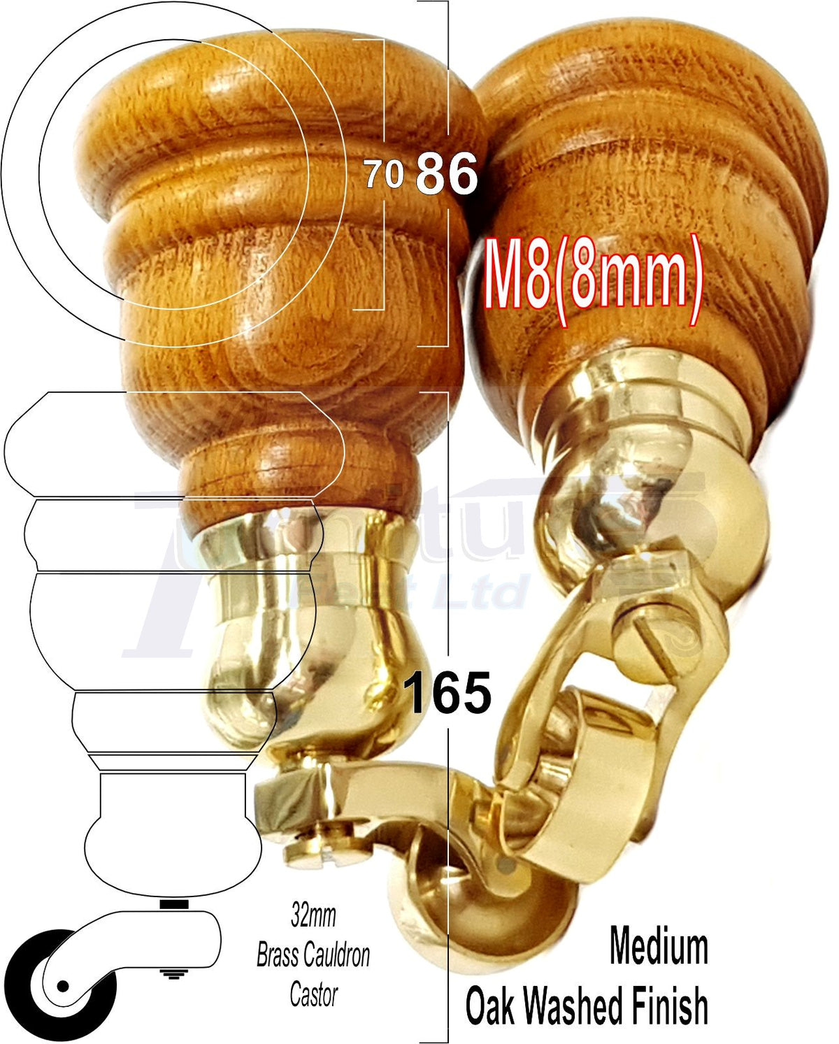 4 Wood Turned Furniture Legs Replacement Castor Feet 155mm High Medium Oak Wash M8 Dowl Fixing