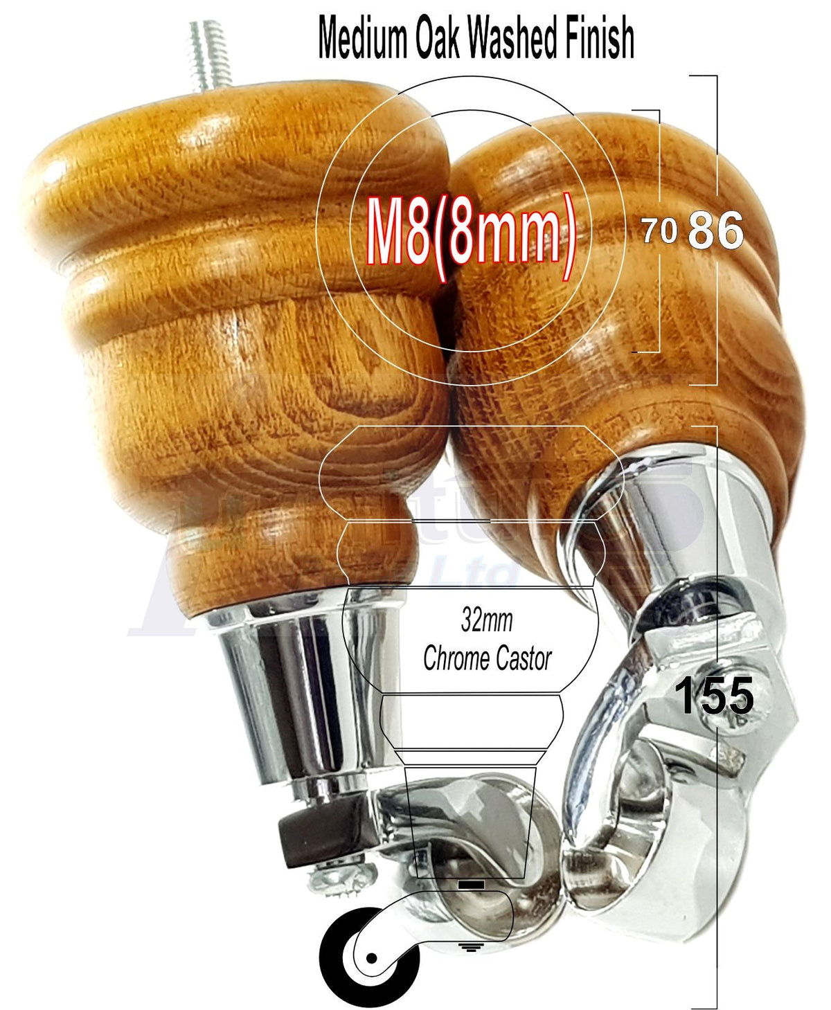 4 Wood Turned Furniture Legs Replacement Castor Feet 155mm High Medium Oak Wash M8 Dowl Fixing