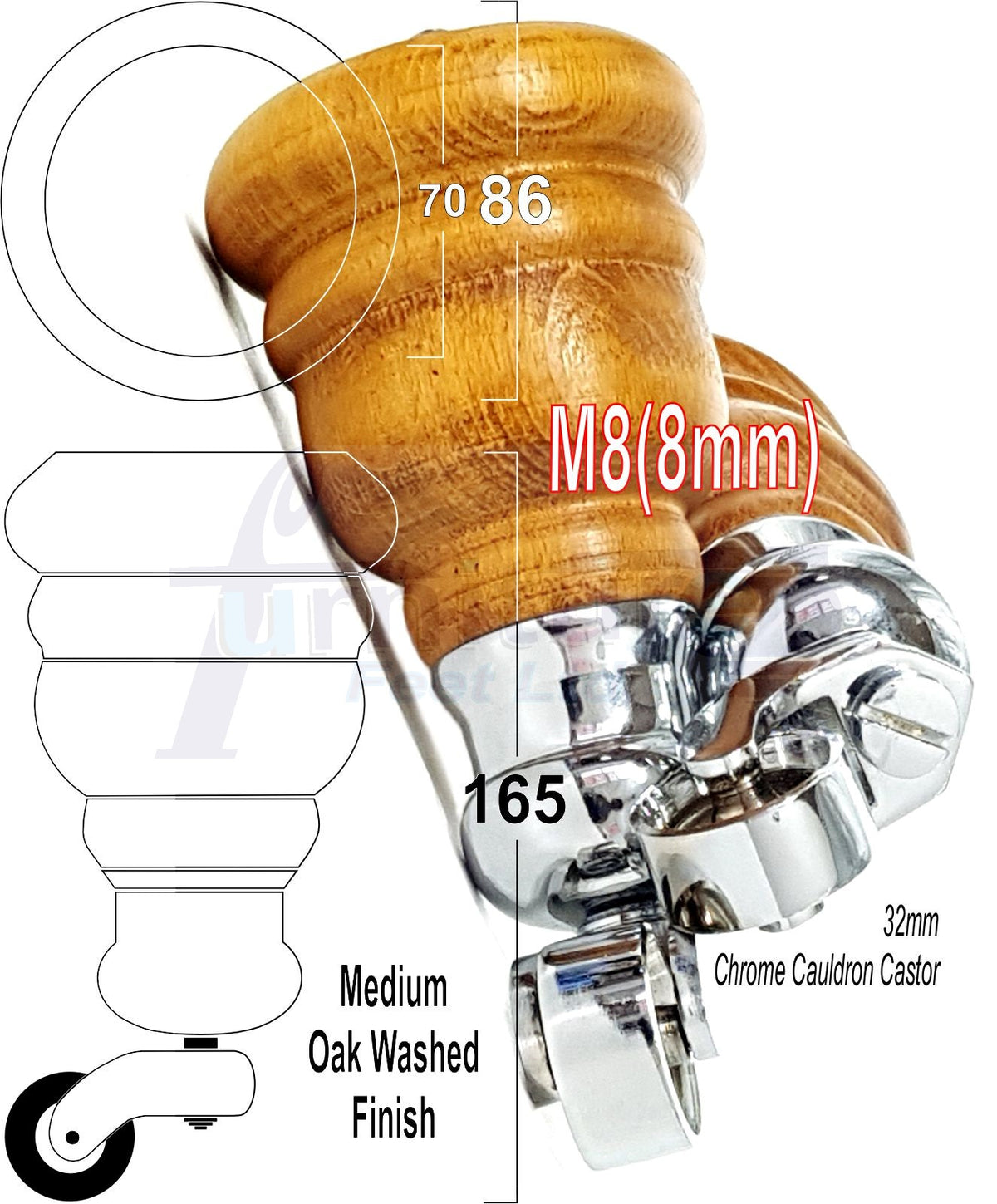 4 Wood Turned Furniture Legs Replacement Castor Feet 155mm High Medium Oak Wash M8 Dowl Fixing