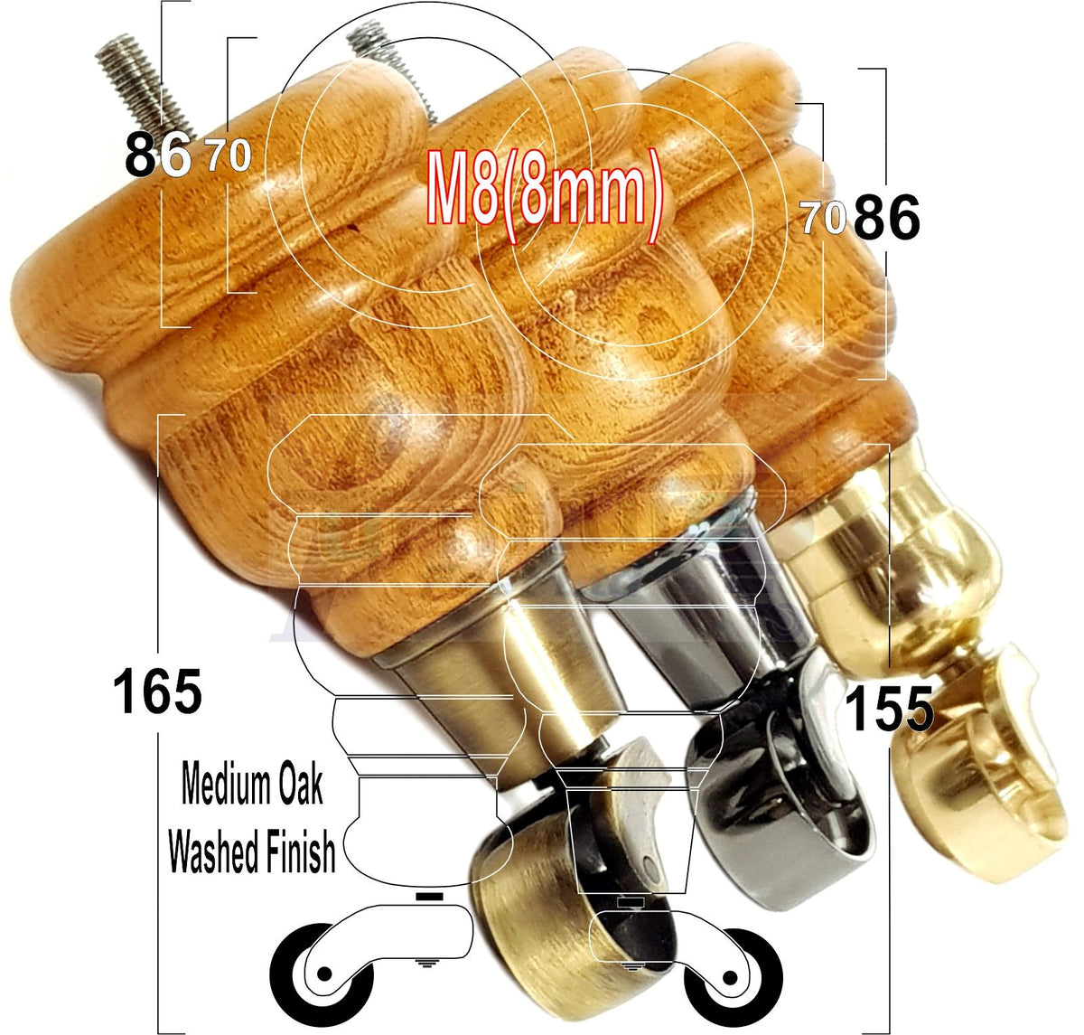 4 Wood Turned Furniture Legs Replacement Castor Feet 155mm High Medium Oak Wash M8 Dowl Fixing