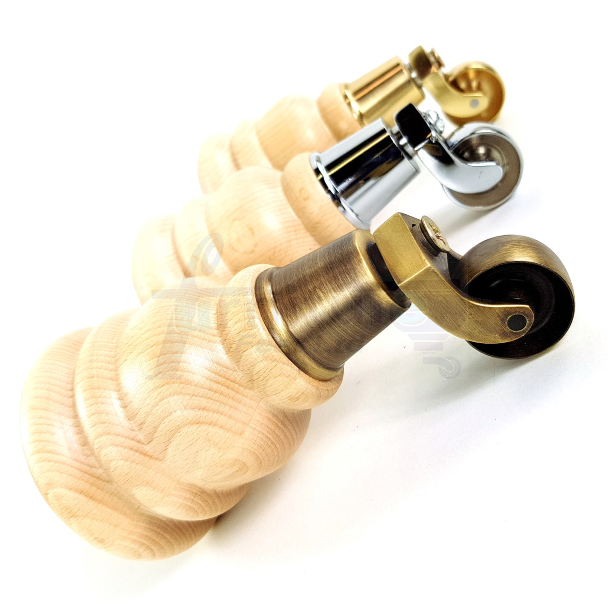 4 Turned Wooden Replacement Furniture Legs with Castors 6 Inch 155mm High Sofa Feet M8 Dowl Fixing - Natural