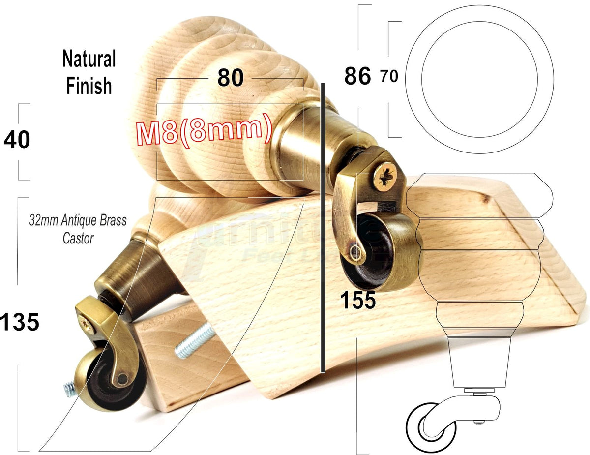 Turned Clear Wood Furniture Legs Replacement Feet 2 with Castors 155mm and 2 Curved Back Legs M8 6 Inches