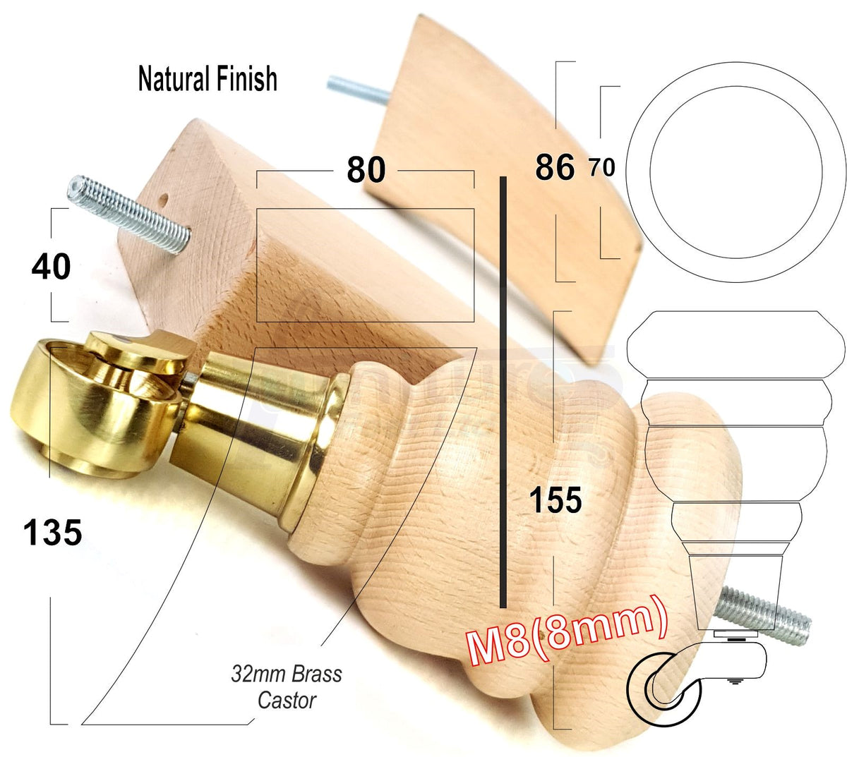 Turned Clear Wood Furniture Legs Replacement Feet 2 with Castors 155mm and 2 Curved Back Legs M8 6 Inches