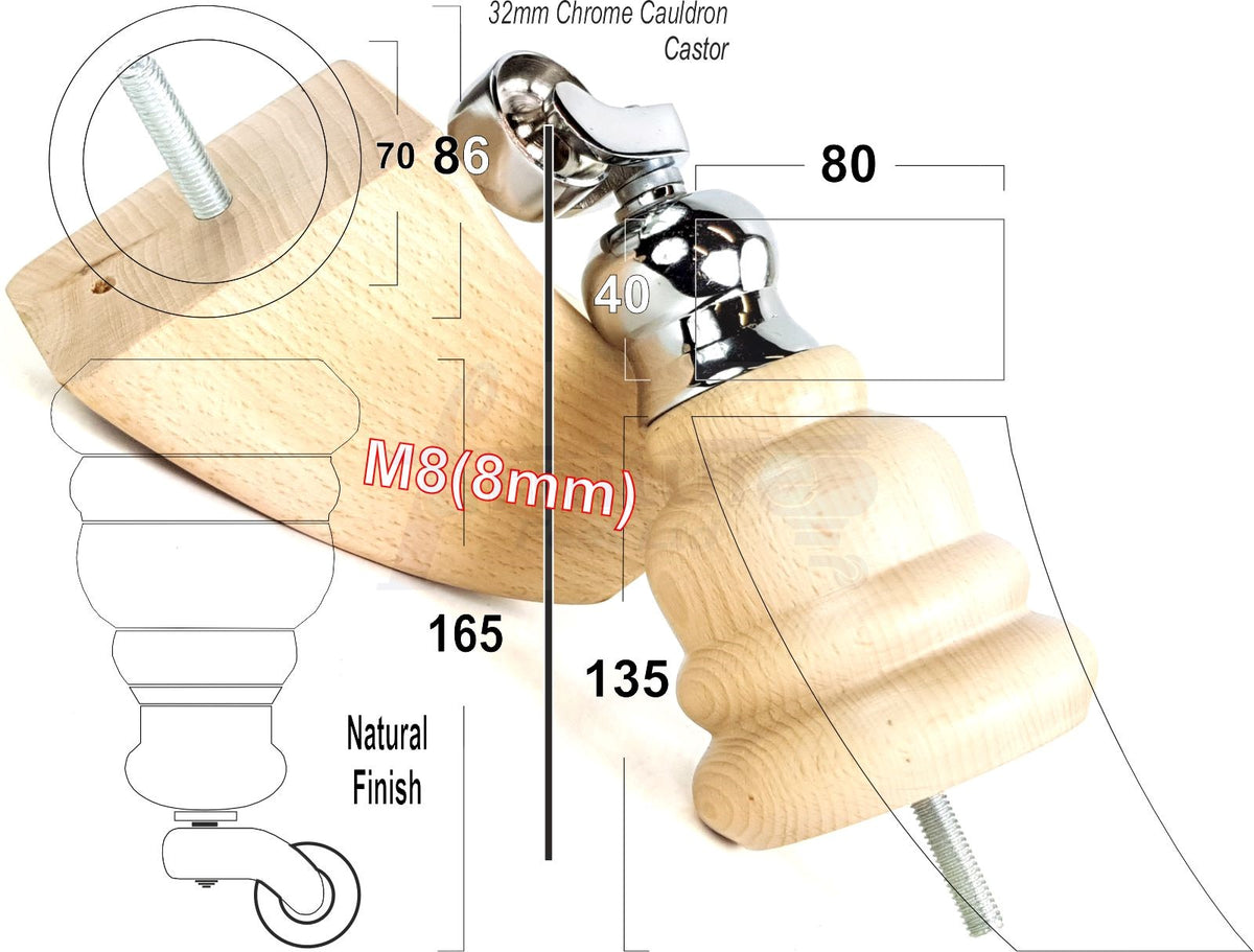 Turned Clear Wood Furniture Legs Replacement Feet 2 with Castors 155mm and 2 Curved Back Legs M8 6 Inches