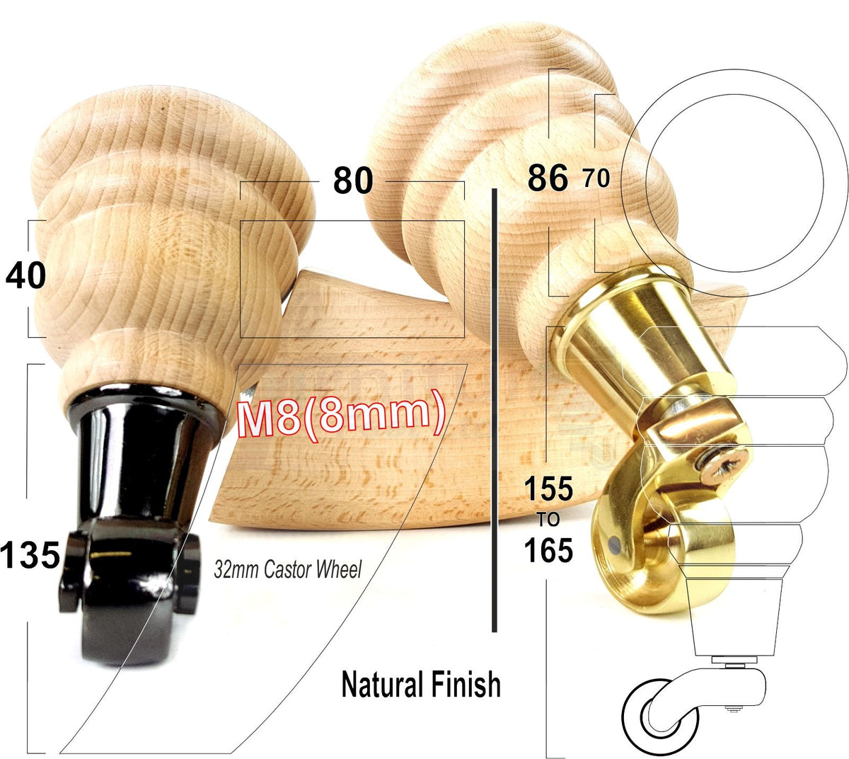 Turned Clear Wood Furniture Legs Replacement Feet 2 with Castors 155mm and 2 Curved Back Legs M8 6 Inches