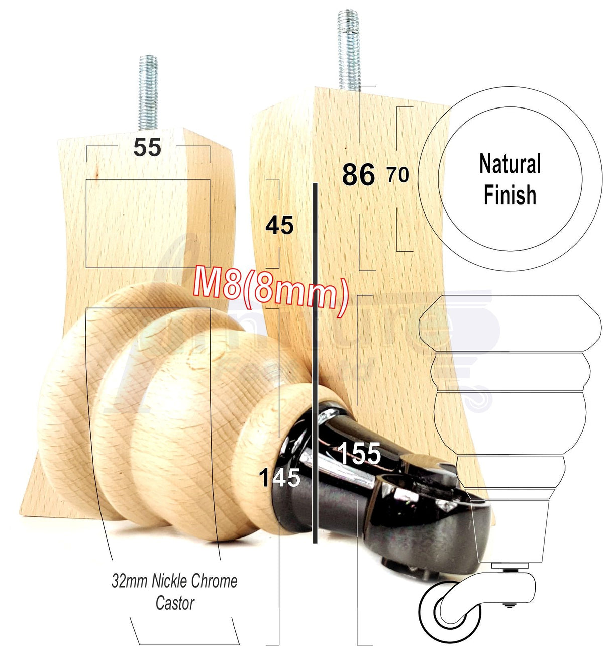 Turned Wood Furniture Legs 2 with Castors 155mm and 2 Curved Back Legs Replacement Sofas Feet M8 Fitting 6 Inches - Clear Finish