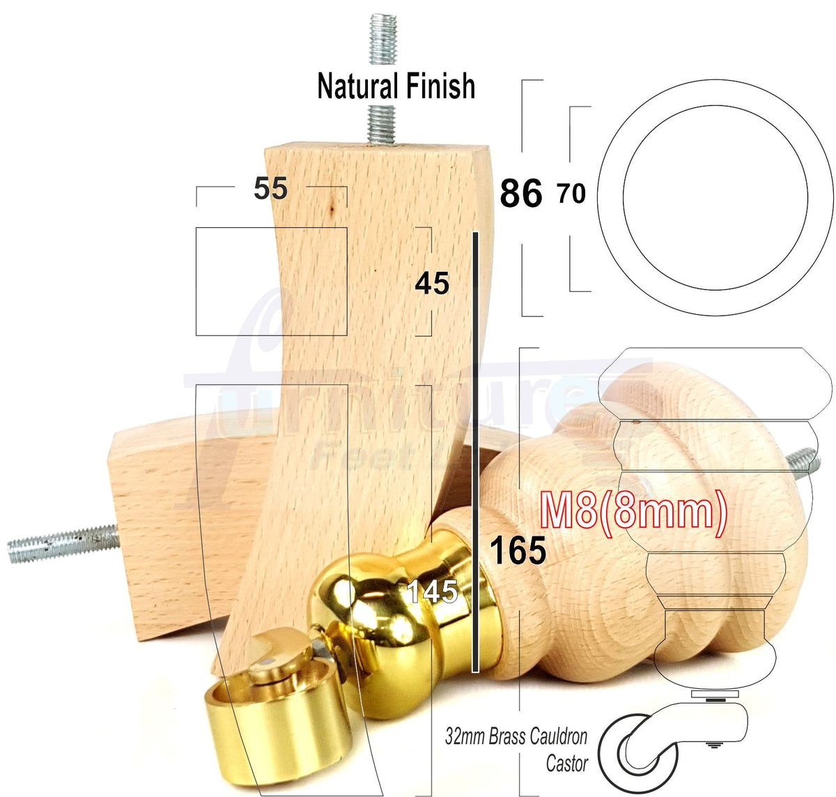 Turned Wood Furniture Legs 2 with Castors 155mm and 2 Curved Back Legs Replacement Sofas Feet M8 Fitting 6 Inches - Clear Finish