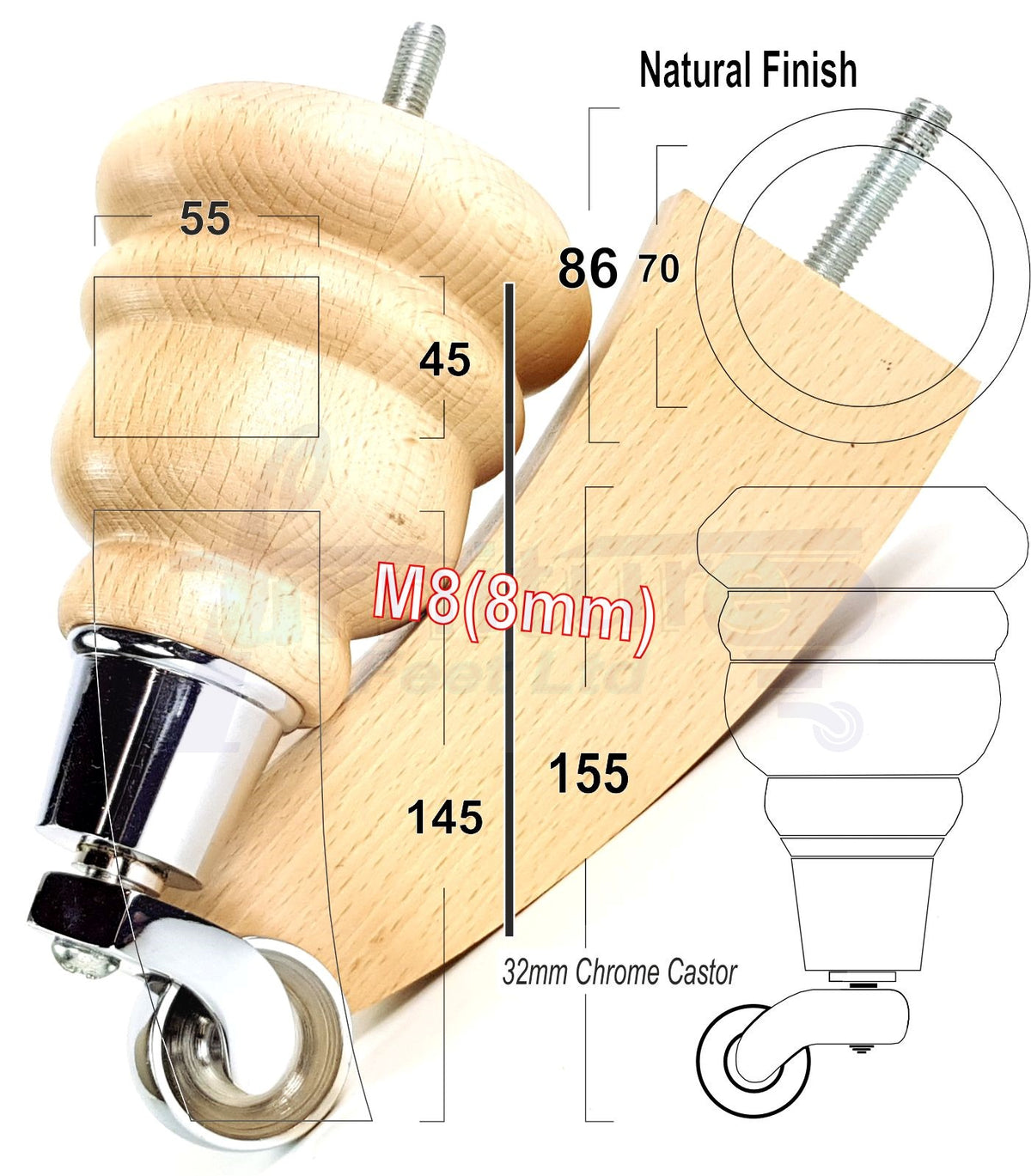 Turned Wood Furniture Legs 2 with Castors 155mm and 2 Curved Back Legs Replacement Sofas Feet M8 Fitting 6 Inches - Clear Finish