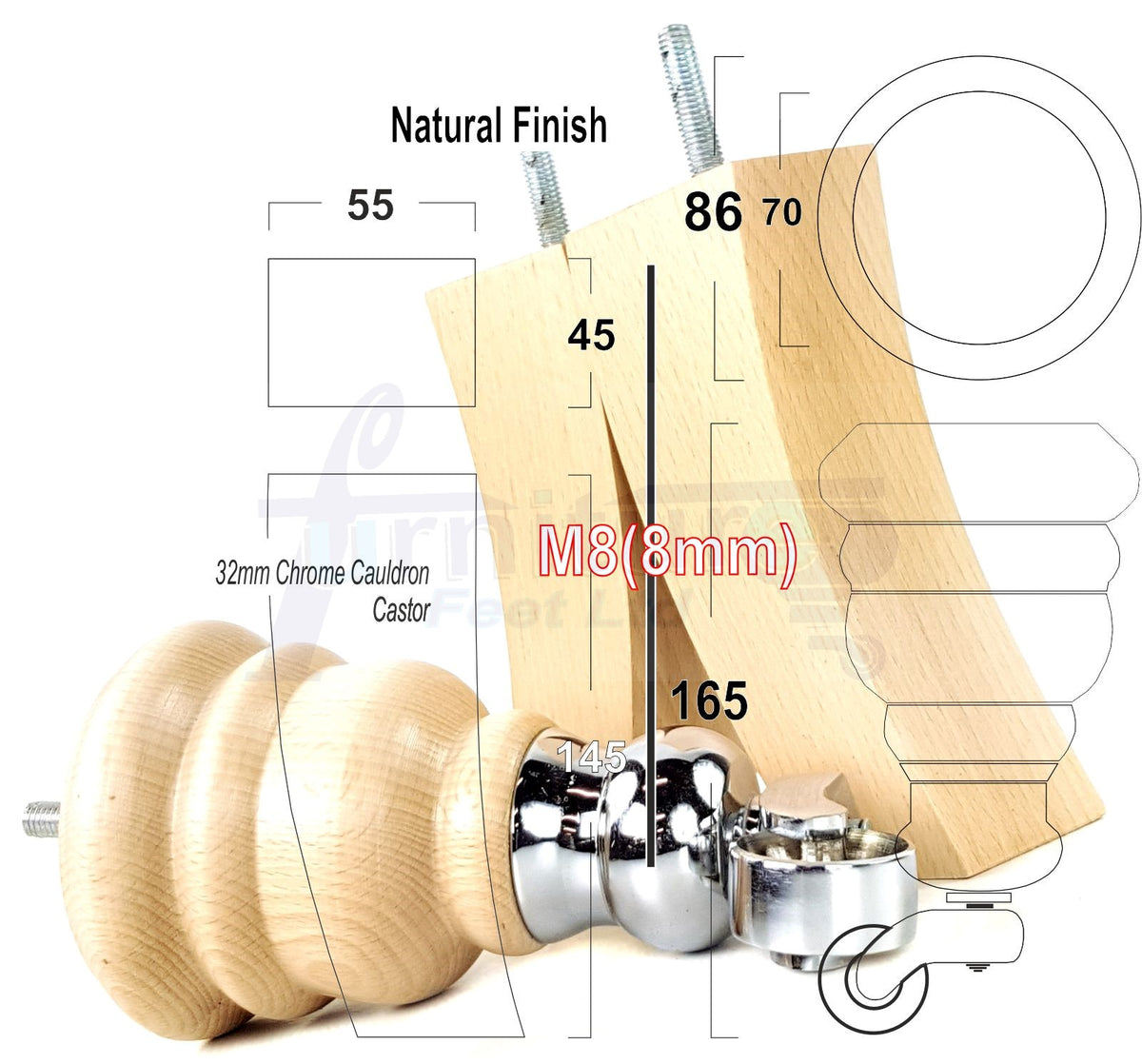 Turned Wood Furniture Legs 2 with Castors 155mm and 2 Curved Back Legs Replacement Sofas Feet M8 Fitting 6 Inches - Clear Finish