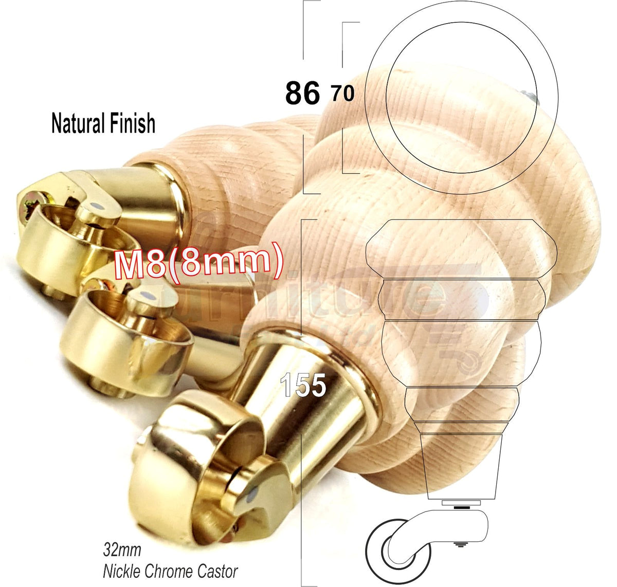 4 Turned Wooden Replacement Furniture Legs with Castors 6 Inch 155mm High Sofa Feet M8 Dowl Fixing - Natural