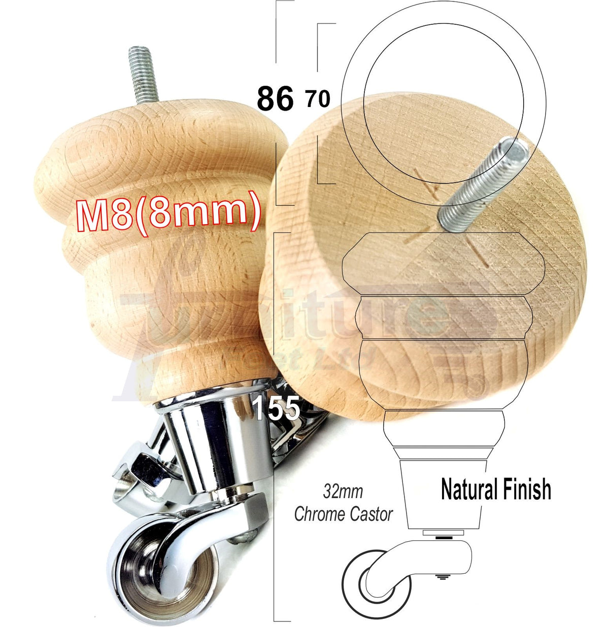 4 Turned Wooden Replacement Furniture Legs with Castors 6 Inch 155mm High Sofa Feet M8 Dowl Fixing - Natural