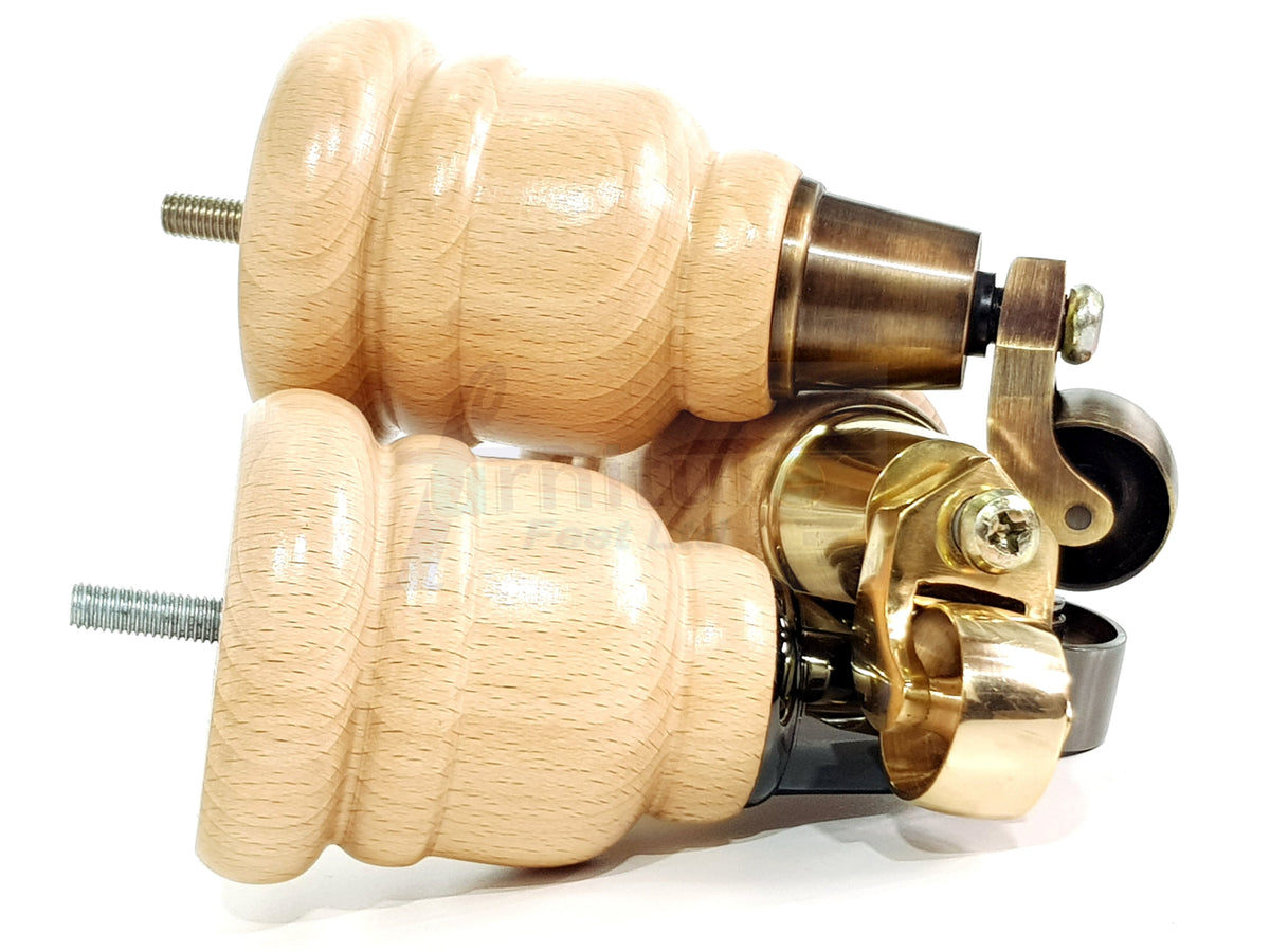 4 Turned Wooden Replacement Furniture Legs with Castors 6 Inch 155mm High Sofa Feet M8 Dowl Fixing - Natural