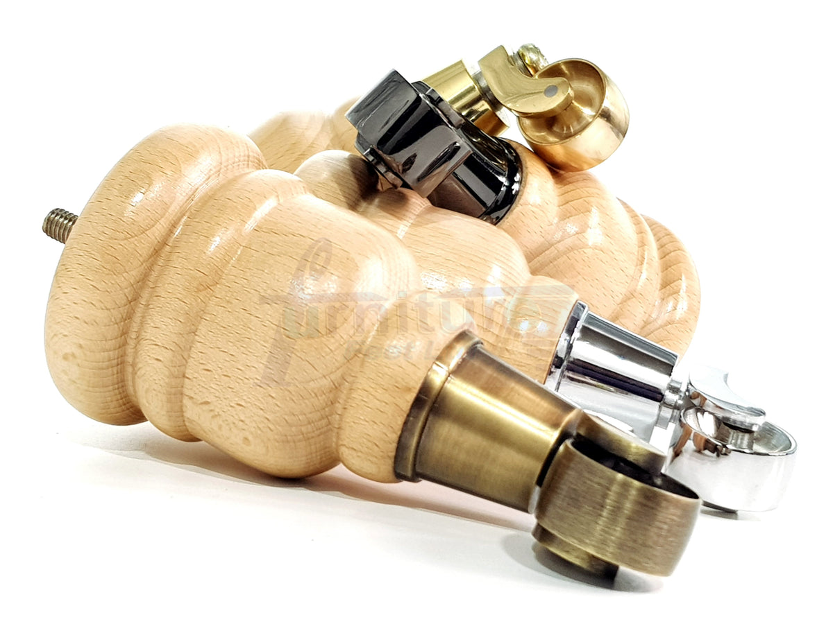4 Turned Wooden Replacement Furniture Legs with Castors 6 Inch 155mm High Sofa Feet M8 Dowl Fixing - Natural