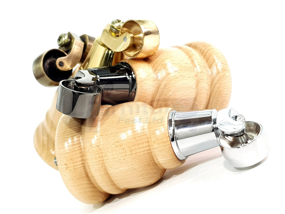 4 Turned Wooden Replacement Furniture Legs with Castors 6 Inch 155mm High Sofa Feet M8 Dowl Fixing - Natural