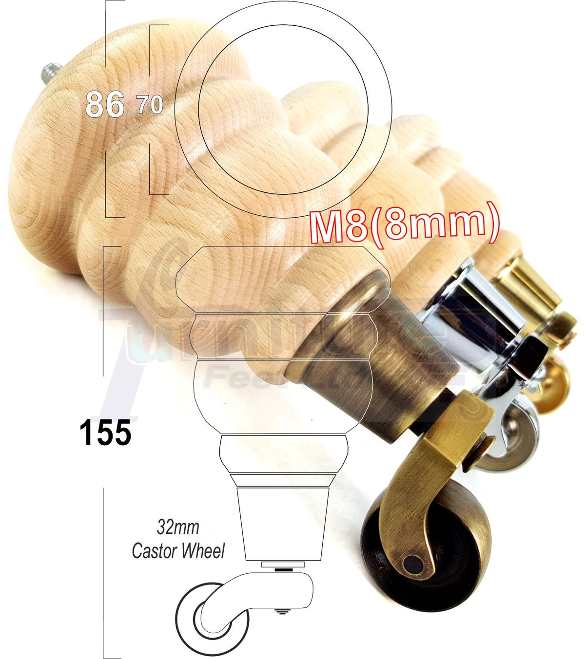 4 Turned Wooden Replacement Furniture Legs with Castors 6 Inch 155mm High Sofa Feet M8 Dowl Fixing - Natural