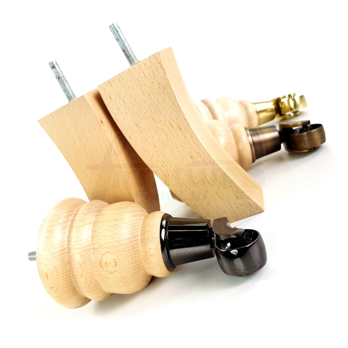 Turned Wood Furniture Legs 2 with Castors 155mm and 2 Curved Back Legs Replacement Sofas Feet M8 Fitting 6 Inches - Clear Finish