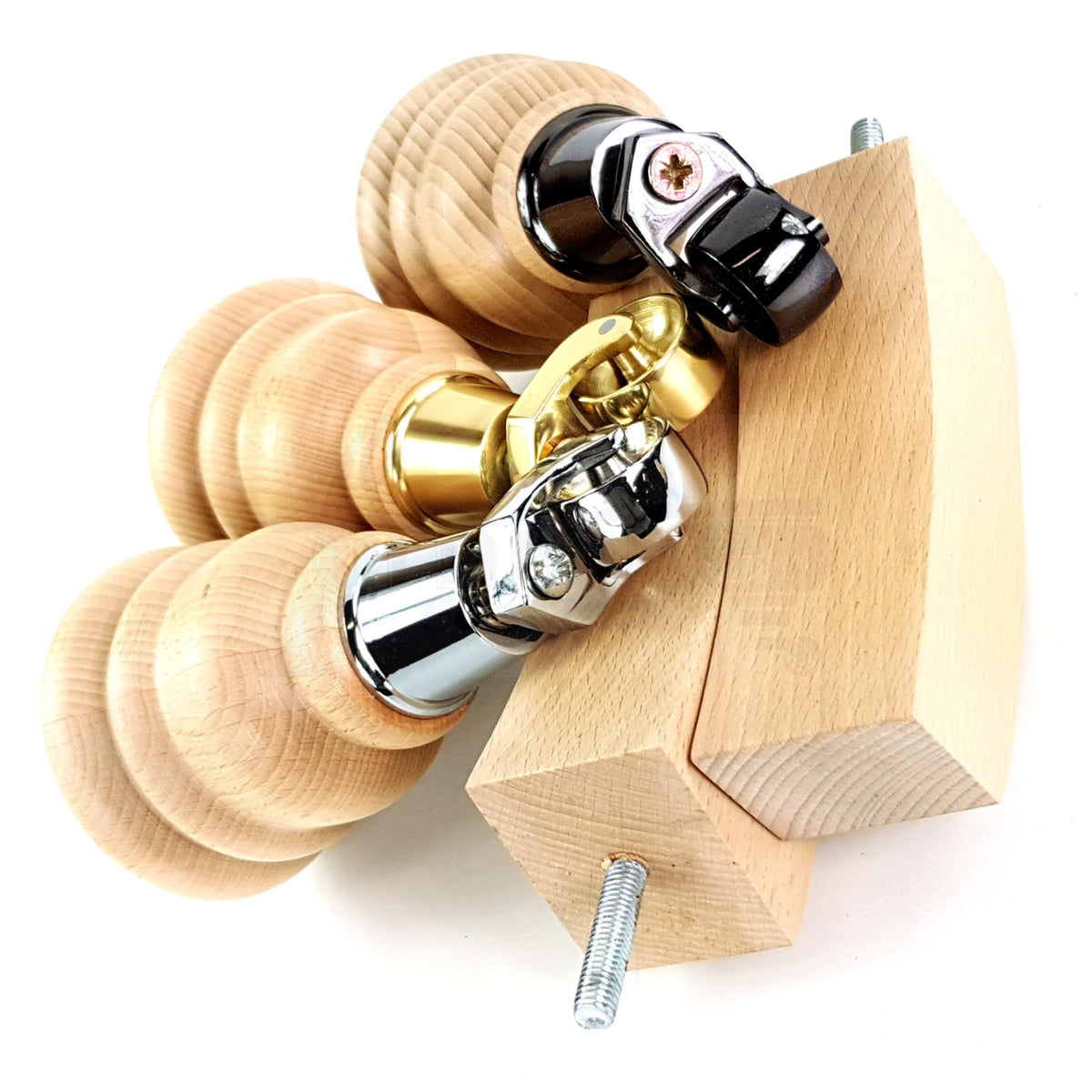 Turned Wood Furniture Legs 2 with Castors 155mm and 2 Curved Back Legs Replacement Sofas Feet M8 Fitting 6 Inches - Clear Finish