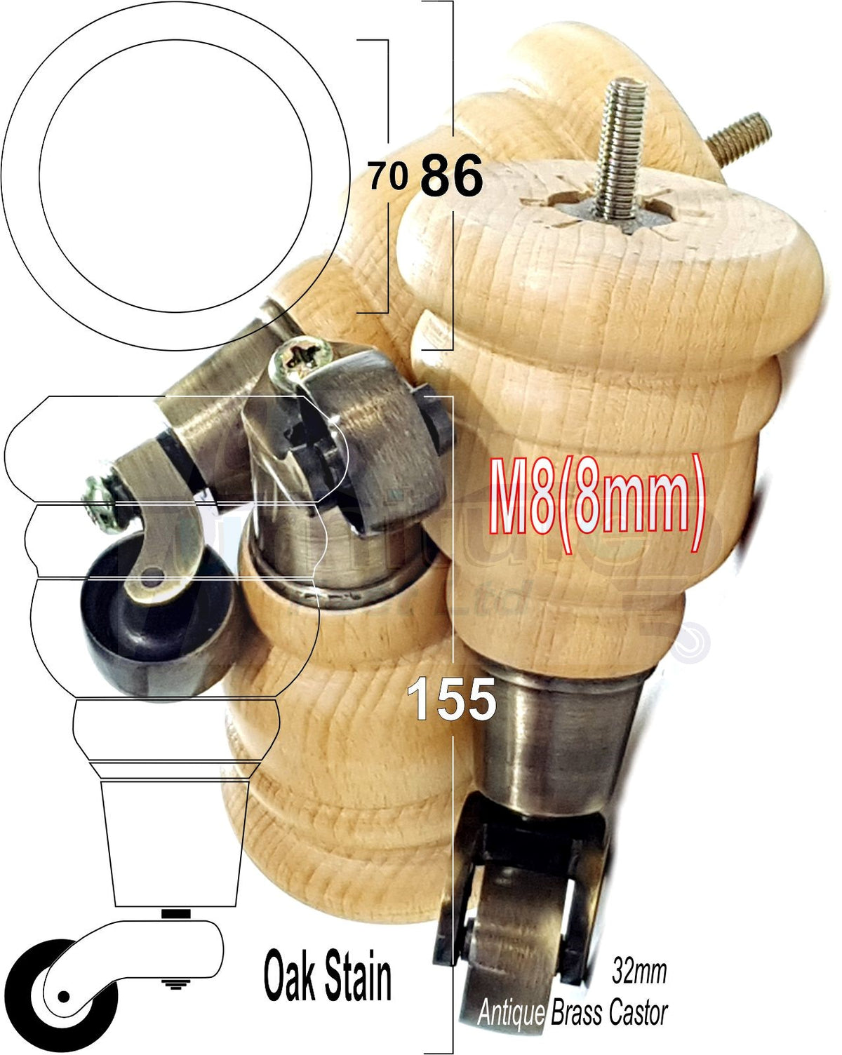 4 Turned Wooden Replacement Furniture Legs with Castors 6 Inch 155mm High Sofa Feet M8 Dowl Fixing - Oak Stain Finish