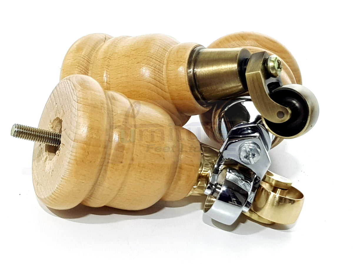 4 Turned Wooden Replacement Furniture Legs with Castors 6 Inch 155mm High Sofa Feet M8 Dowl Fixing - Oak Stain Finish