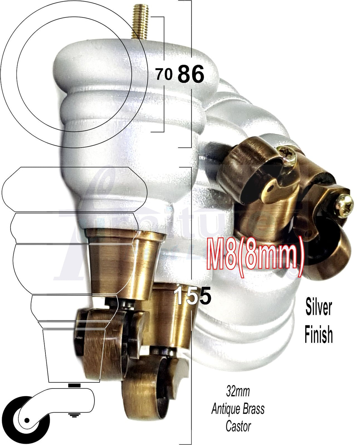4 Turned Wooden Replacement Furniture Legs with Castors 6 Inch 155mm High Sofa Feet M8 Dowl Fixing - Silver Finish