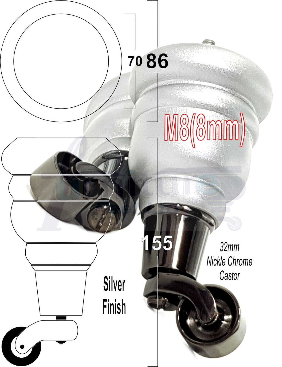 4 Turned Wooden Replacement Furniture Legs with Castors 6 Inch 155mm High Sofa Feet M8 Dowl Fixing - Silver Finish
