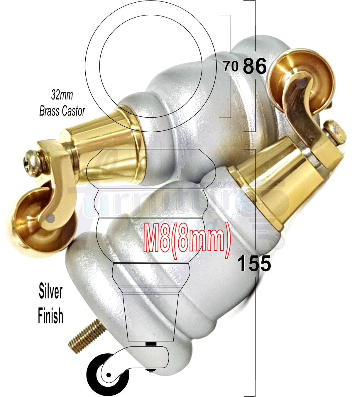 4 Turned Wooden Replacement Furniture Legs with Castors 6 Inch 155mm High Sofa Feet M8 Dowl Fixing - Silver Finish