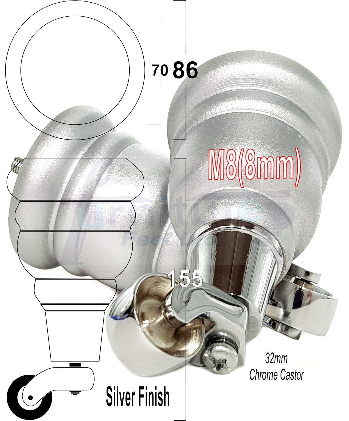 4 Turned Wooden Replacement Furniture Legs with Castors 6 Inch 155mm High Sofa Feet M8 Dowl Fixing - Silver Finish