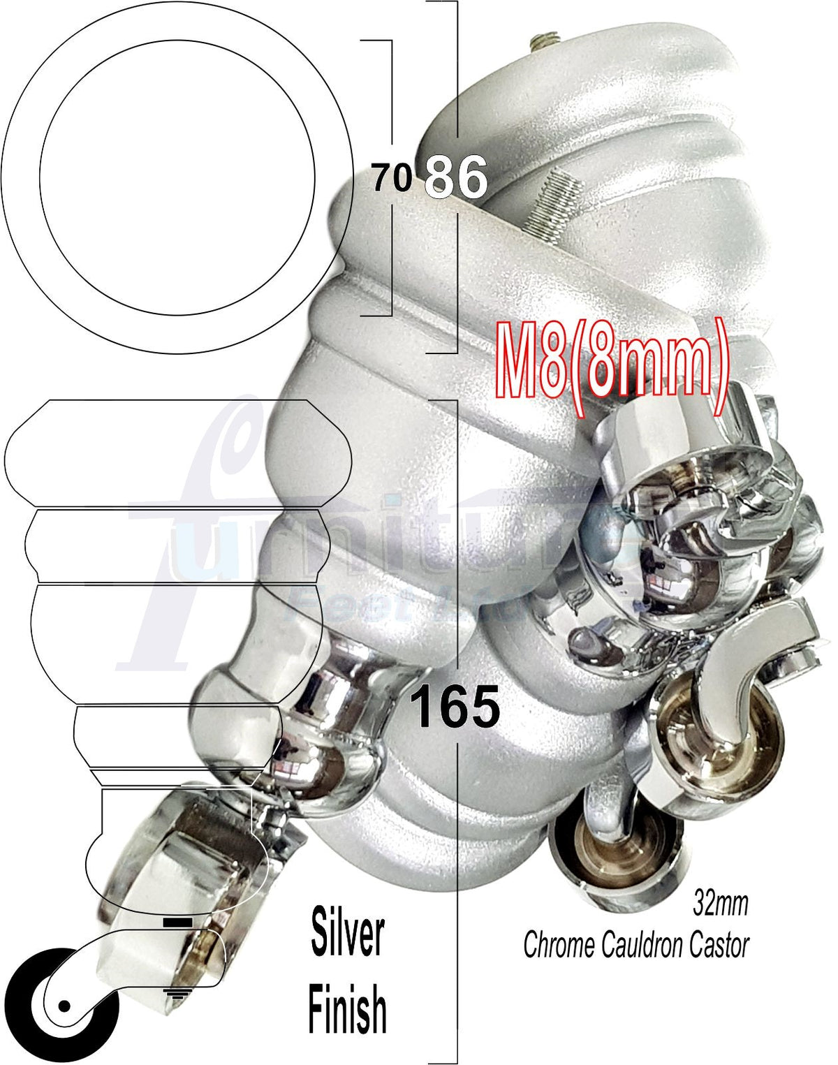 4 Turned Wooden Replacement Furniture Legs with Castors 6 Inch 155mm High Sofa Feet M8 Dowl Fixing - Silver Finish