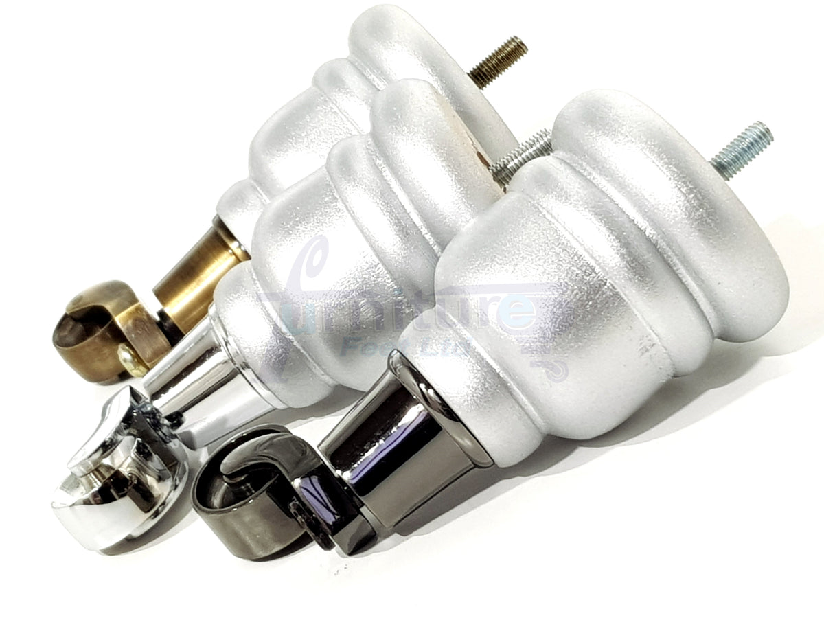 4 Turned Wooden Replacement Furniture Legs with Castors 6 Inch 155mm High Sofa Feet M8 Dowl Fixing - Silver Finish