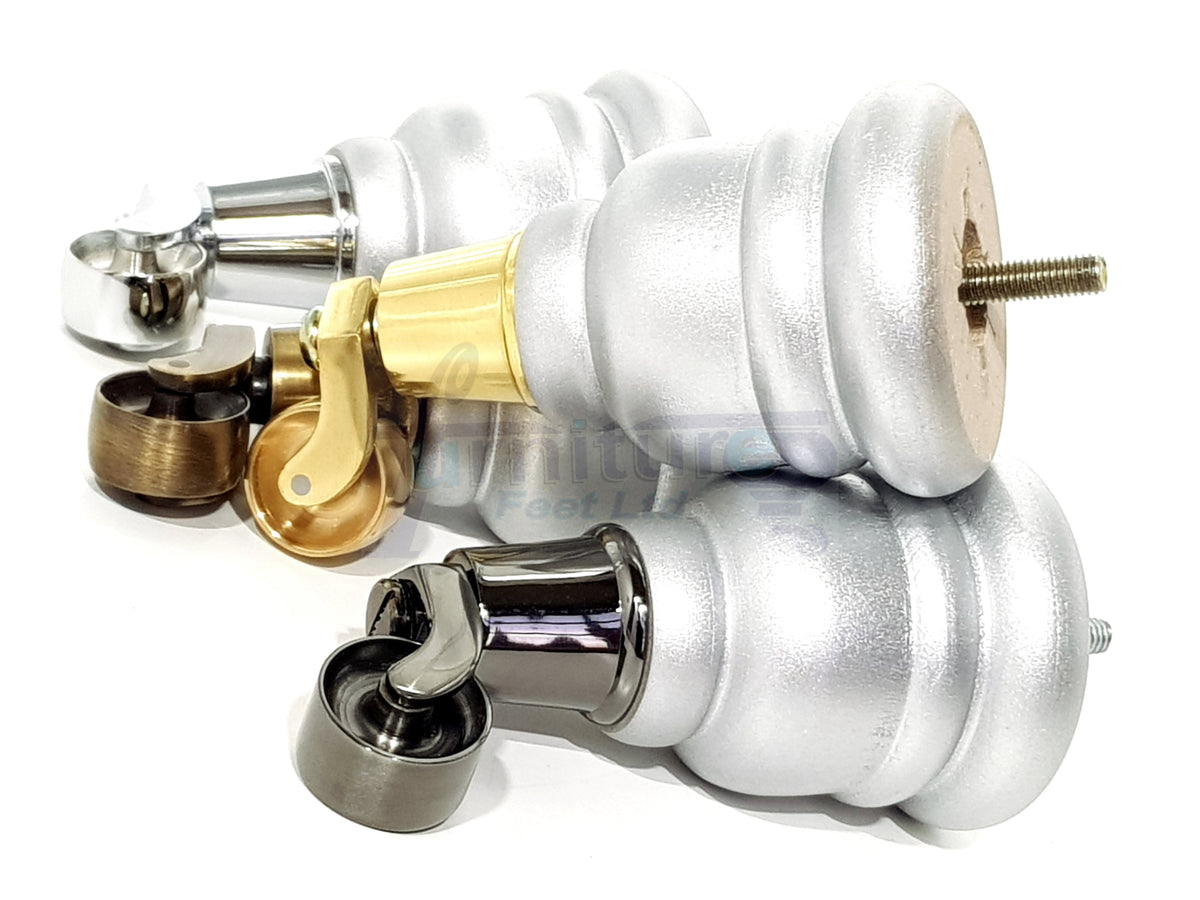 4 Turned Wooden Replacement Furniture Legs with Castors 6 Inch 155mm High Sofa Feet M8 Dowl Fixing - Silver Finish