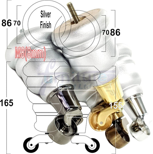 4 Turned Wooden Replacement Furniture Legs with Castors 6 Inch 155mm High Sofa Feet M8 Dowl Fixing - Silver Finish