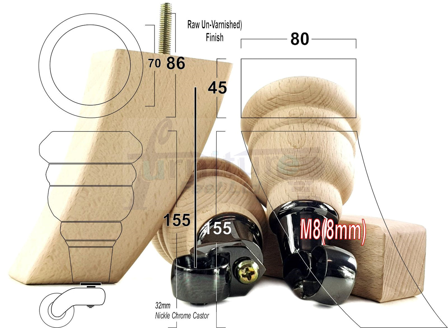 Turned Raw Solid Wood Replacement Furniture Legs 2x with Castors and 2x Curved Back Feet 8mm Dowl Fixing 6 Inches 165mm High