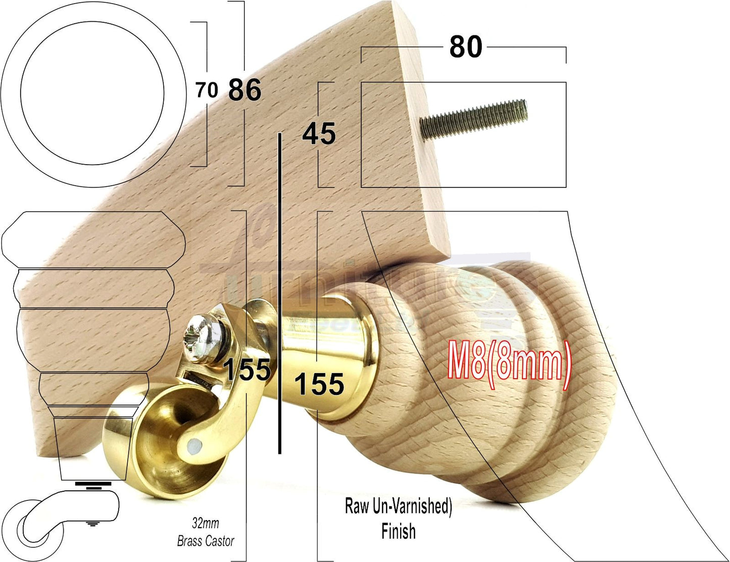 Turned Raw Solid Wood Replacement Furniture Legs 2x with Castors and 2x Curved Back Feet 8mm Dowl Fixing 6 Inches 165mm High