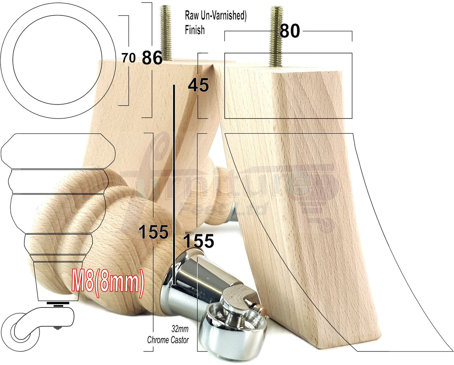 Turned Raw Solid Wood Replacement Furniture Legs 2x with Castors and 2x Curved Back Feet 8mm Dowl Fixing 6 Inches 165mm High