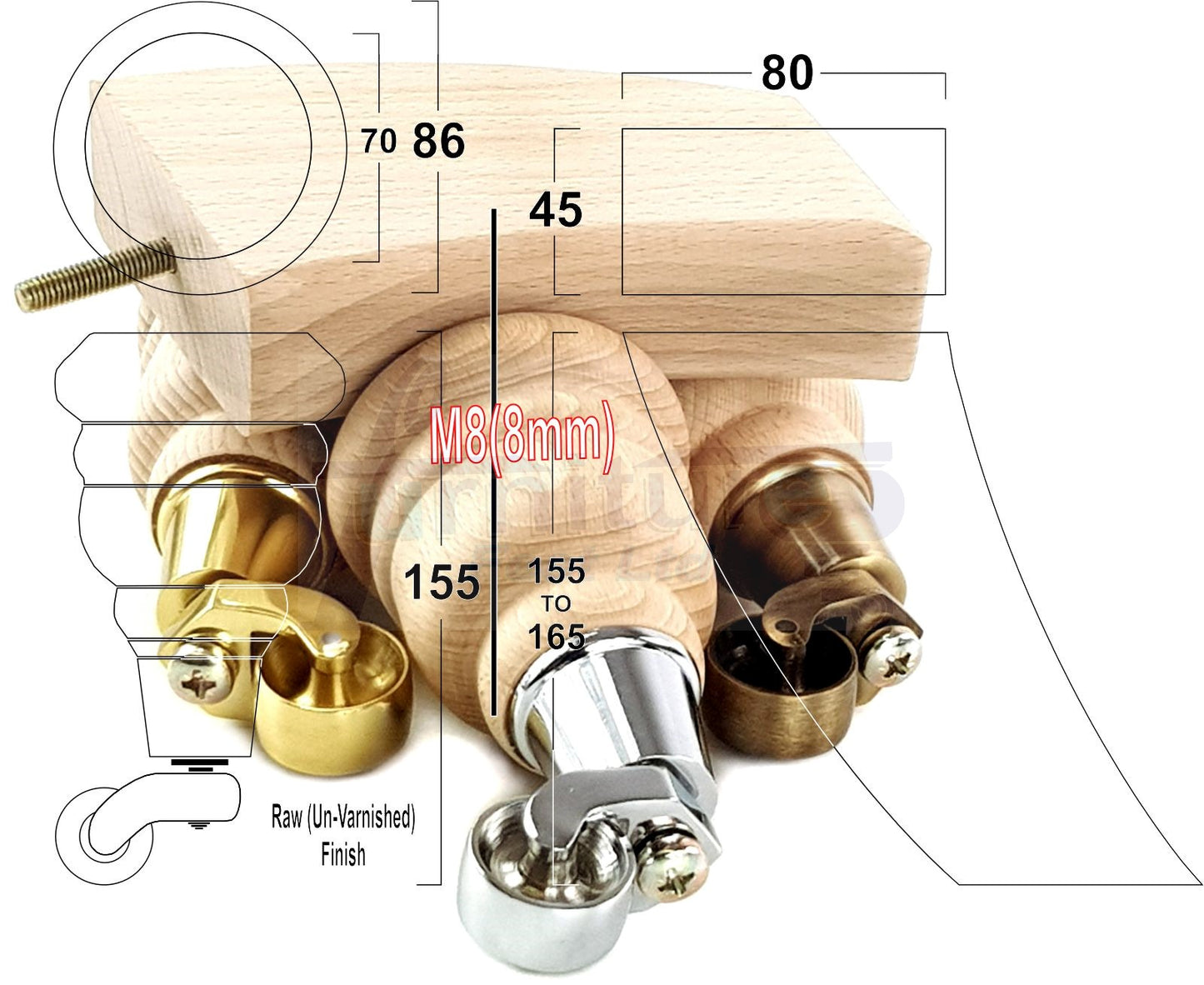 Turned Raw Solid Wood Replacement Furniture Legs 2x with Castors and 2x Curved Back Feet 8mm Dowl Fixing 6 Inches 165mm High