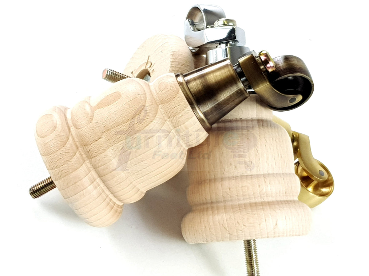 4 Wood Turned Furniture Legs Replacement Castor Feet 155mm High Raw Unfinished M8 6 Inches 