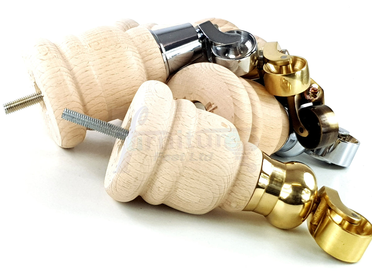 4 Wood Turned Furniture Legs Replacement Castor Feet 155mm High Raw Unfinished M8 6 Inches 