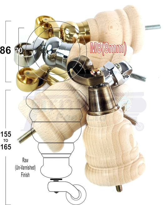 4 Wood Turned Furniture Legs Replacement Castor Feet 155mm High Raw Unfinished M8 6 Inches 
