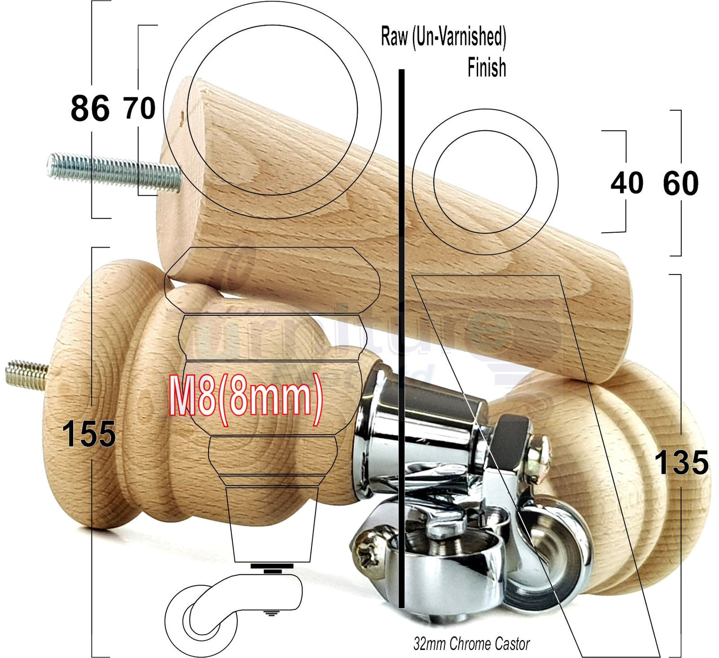 Turned Raw Solid Wood Replacement Furniture Legs 2x with Castors and 2x Curved Back Feet 8mm Dowl Fixing 6 Inches 165mm High