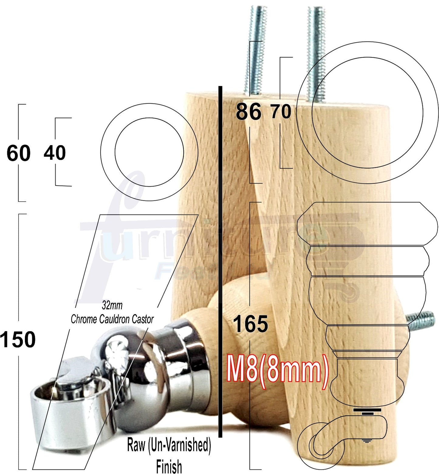 Raw Turned Wood Replacement Furniture Legs 2x with Castors and 2x Angled Back Legs M8 Dowl Fitting 165mm High 6 Inches