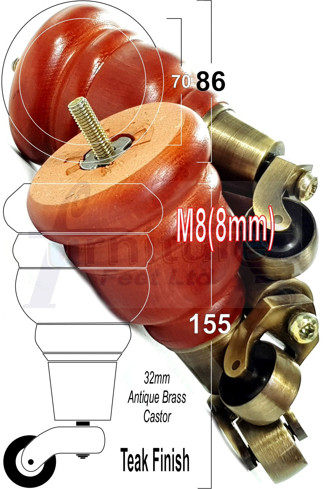 4x Wooden Furniture Legs Replacement Feet 6 Inches with Castors 155mm High M8 Fixing - Teak Finish