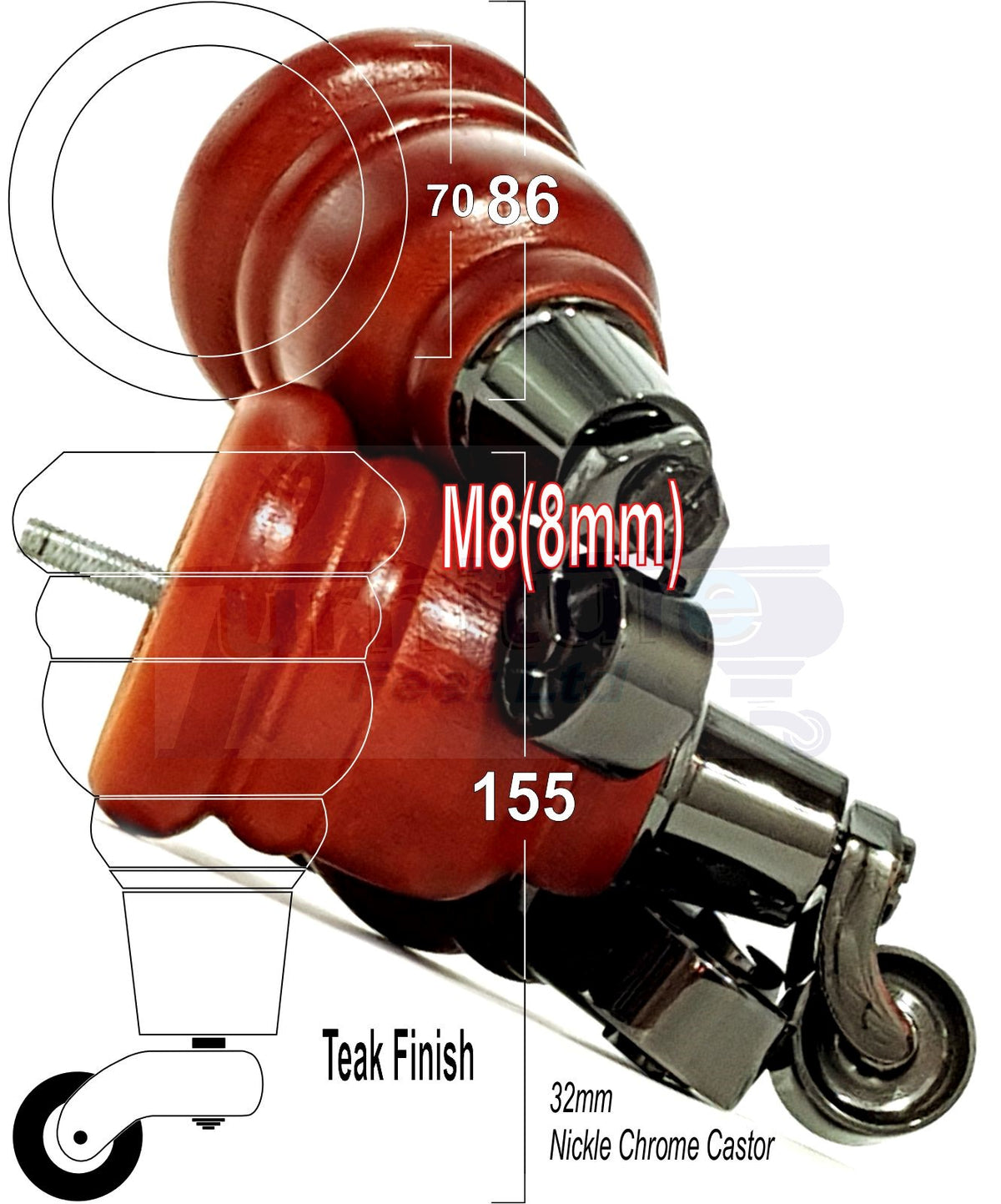 4x Wooden Furniture Legs Replacement Feet 6 Inches with Castors 155mm High M8 Fixing - Teak Finish