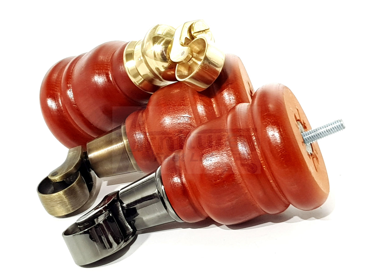 4x Wooden Furniture Legs Replacement Feet 6 Inches with Castors 155mm High M8 Fixing - Teak Finish