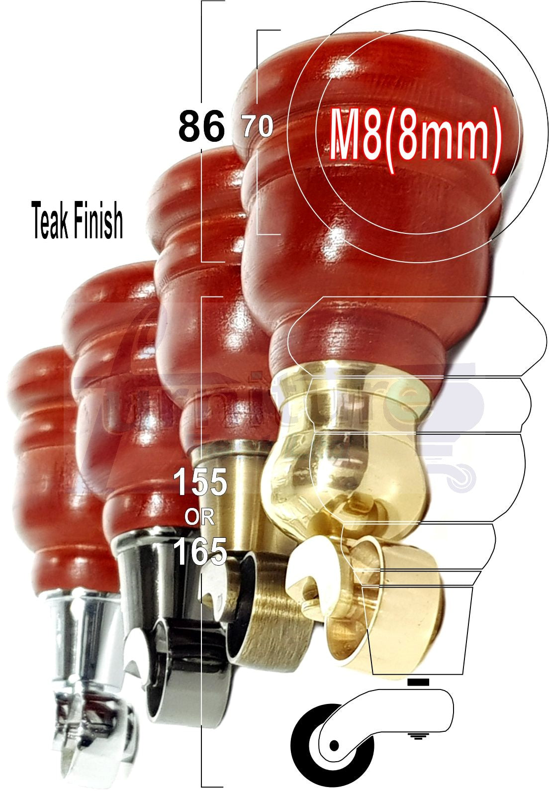 4x Wooden Furniture Legs Replacement Feet 6 Inches with Castors 155mm High M8 Fixing - Teak Finish