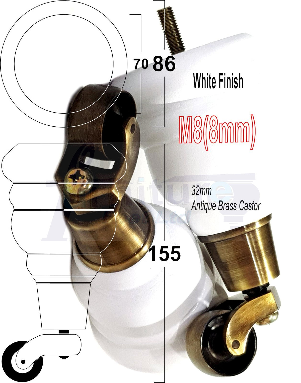 4 Turned Wooden Replacement Furniture Legs with Castors 6 Inch 155mm High Sofa Feet M8 Dowl Fixing - White Finish