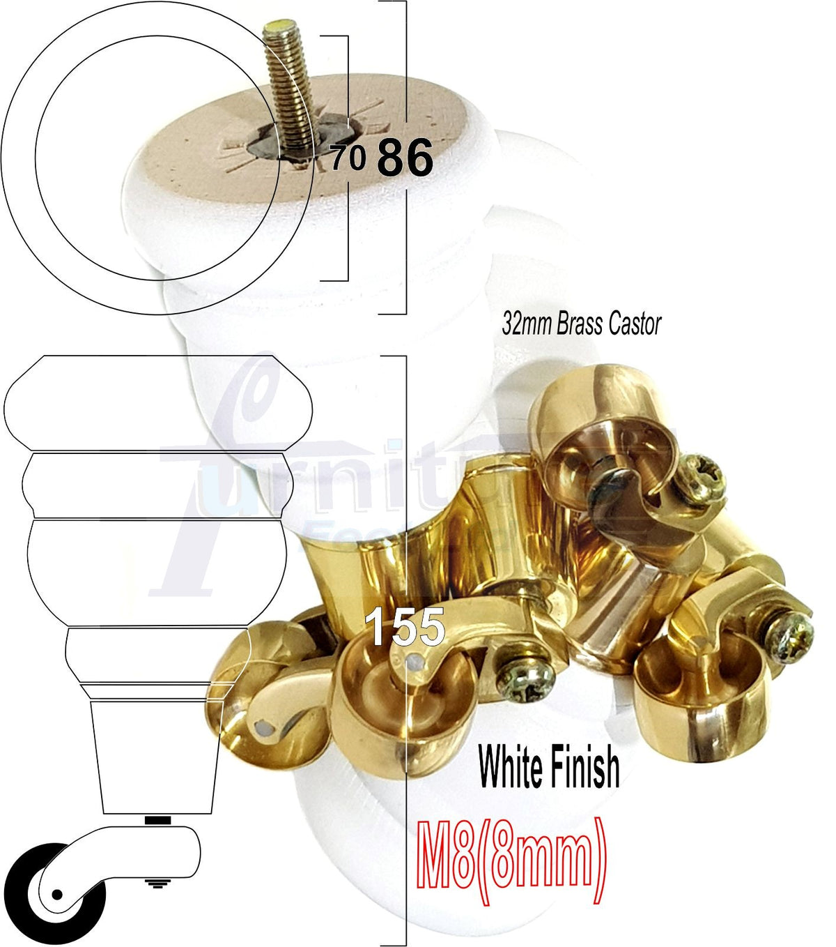 4 Turned Wooden Replacement Furniture Legs with Castors 6 Inch 155mm High Sofa Feet M8 Dowl Fixing - White Finish