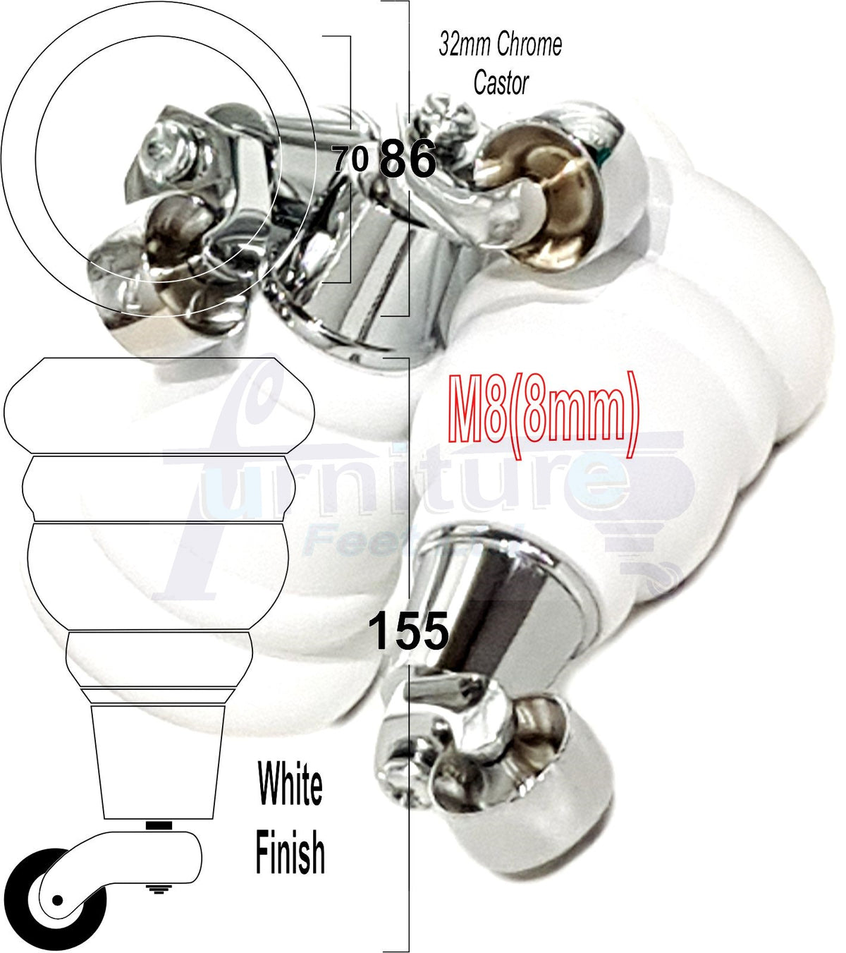 4 Turned Wooden Replacement Furniture Legs with Castors 6 Inch 155mm High Sofa Feet M8 Dowl Fixing - White Finish