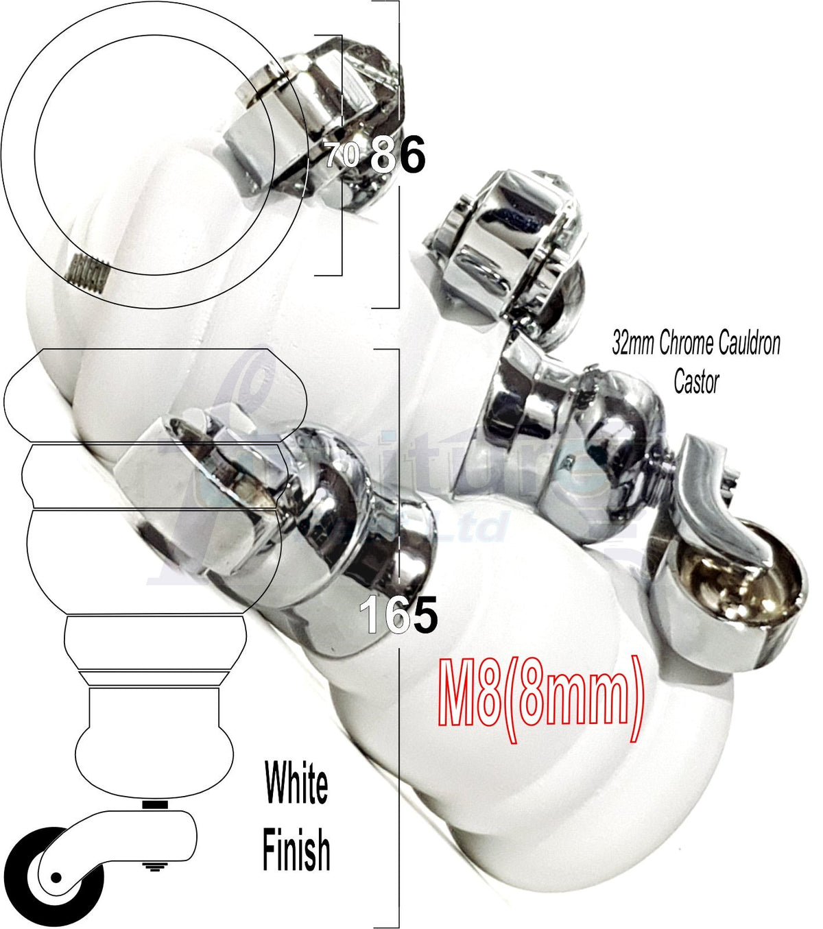4 Turned Wooden Replacement Furniture Legs with Castors 6 Inch 155mm High Sofa Feet M8 Dowl Fixing - White Finish
