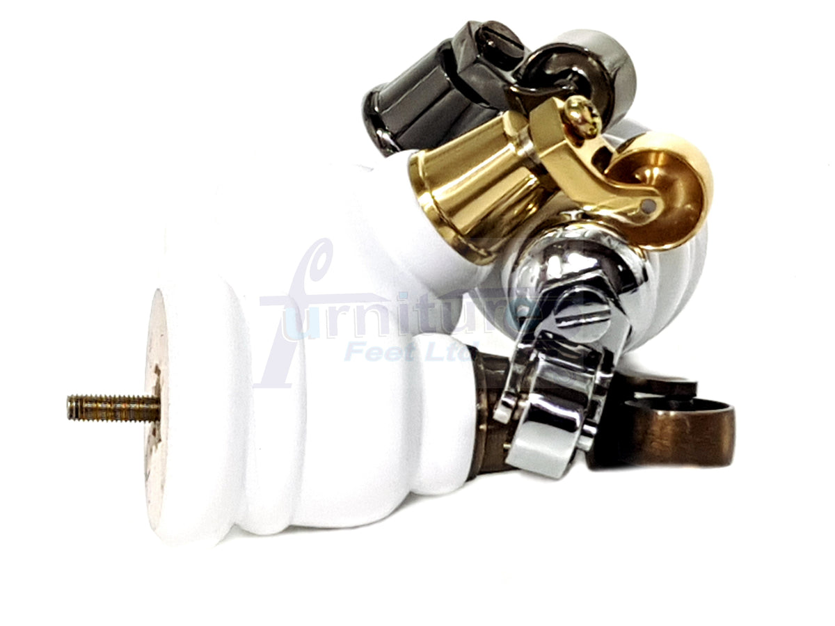 4 Turned Wooden Replacement Furniture Legs with Castors 6 Inch 155mm High Sofa Feet M8 Dowl Fixing - White Finish