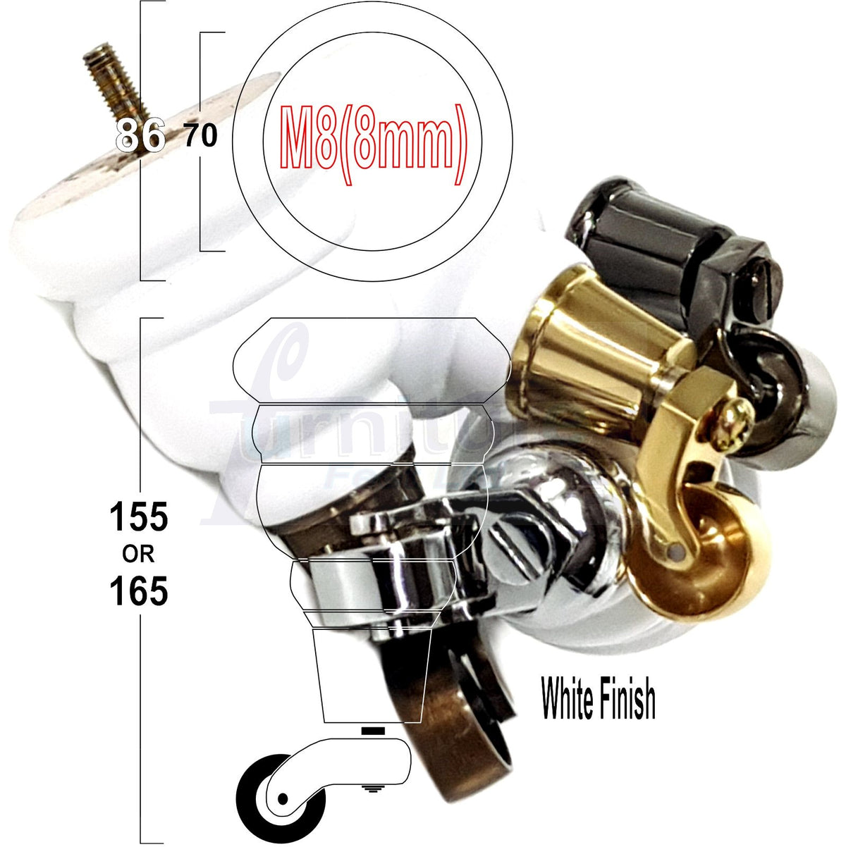4 Turned Wooden Replacement Furniture Legs with Castors 6 Inch 155mm High Sofa Feet M8 Dowl Fixing - White Finish